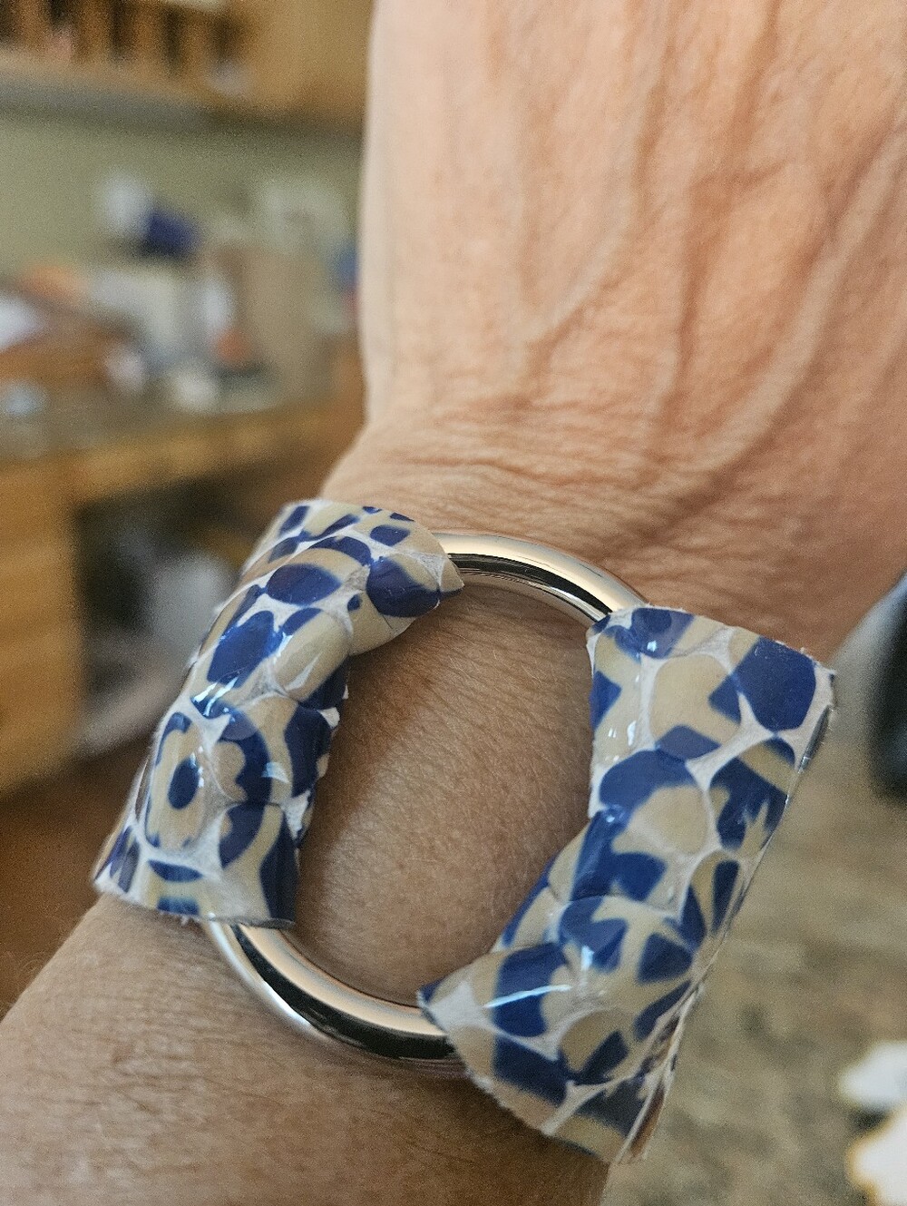 Blue Floral Enamel Hoop Cuff Bracelet